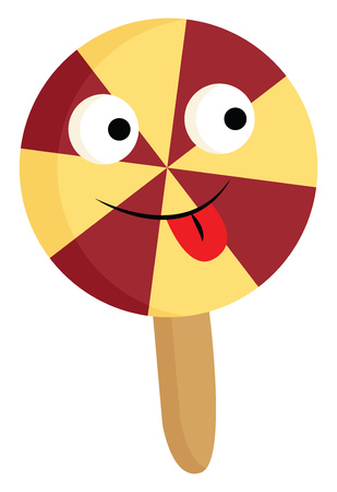 A colorful circular-shaped lollipop has eight segments of alternate red and yellow triangles and a brown-colored flat stick It has big eyes and tongue hanging outside vector color drawing or illustrationのイラスト素材