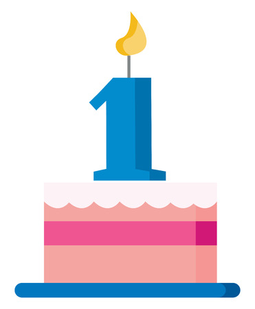 A pink birthday cake with white frosting celebrating one year with a blue candle vector color drawing or illustrationのイラスト素材