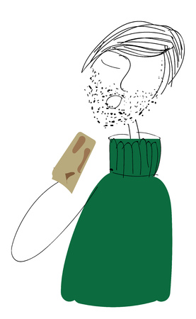 A boy dressed in green sweater eating away vector color drawing or illustrationのイラスト素材
