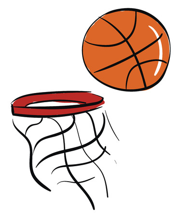 The shot big shiny basketball is about to get into the basket with a red rim vector color drawing or illustrationのイラスト素材