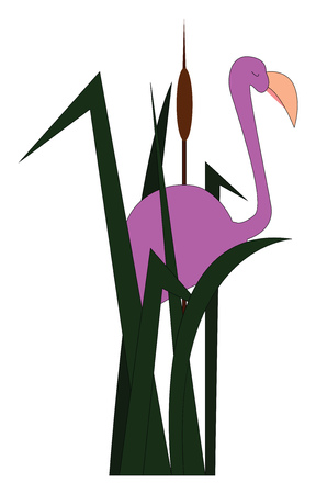 A purple flamingo hiding in tall green grass with its eyes closed vector color drawing or illustrationのイラスト素材
