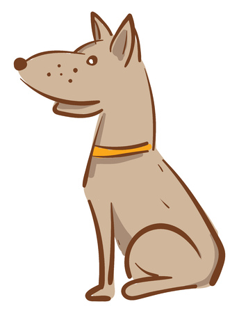 A brown dog with a golden collar is sitting upright and turned to a side vector color drawing or illustrationのイラスト素材