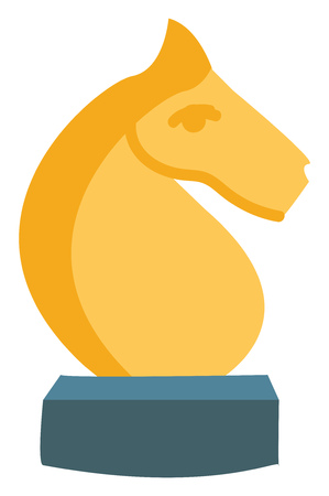 The knight a piece in the game of chess represented by a horse's head and neck yellow in color and rested on a small blue piece vector color drawing or illustrationのイラスト素材