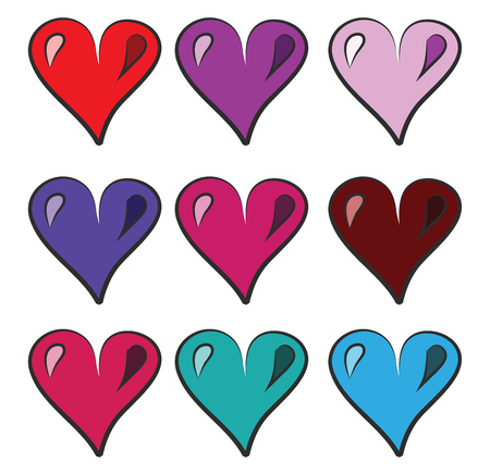 Three sets of red purple blue and pink hearts arranged in an order vector color drawing or illustrationのイラスト素材