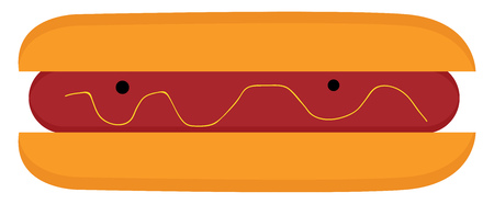 A grilled or steamed link-sausage sandwich with bulging eyes rolled left while smiling vector color drawing or illustrationのイラスト素材
