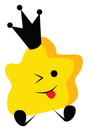 A yellow-colored cute little queen star is wearing a black-colored crown with its tongue hanging out while sitting vector color drawing or illustrationのイラスト素材