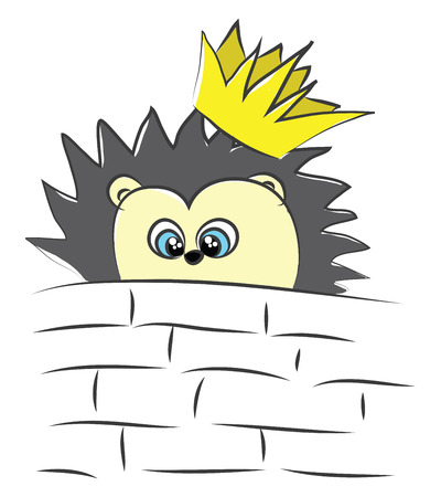 Cartoon of a gorgeous yellow hedgehog with black spines all over their body wearing a crown peep from the bricks of the wall vector color drawing or illustrationのイラスト素材