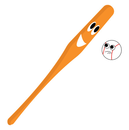 A brown baseball bat with a happy face and a white baseball with a sad face looking at each other vector color drawing or illustrationのイラスト素材
