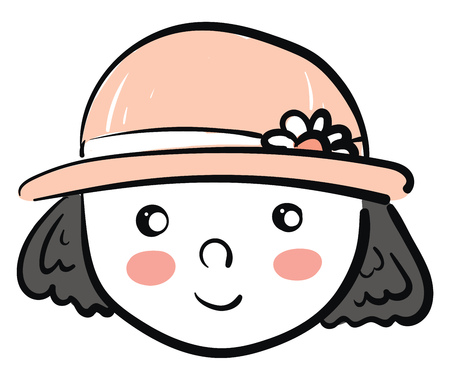A little girl with short black hair flushed cheeks and a pink hat with flower applique vector color drawing or illustrationのイラスト素材