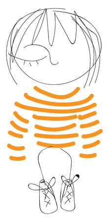 Art of a one-eyed cute little cartoon girl dressed in her orange striped dress vector color drawing or illustrationのイラスト素材