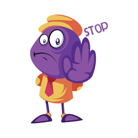 Purple creature holding hand and saying Stop vector illustration on a white backgroundのイラスト素材