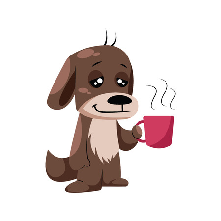 Brown cute dog holding first coffee mug vector illustration on a white backgroundのイラスト素材