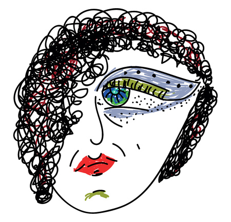 Line art of Earth woman with a big eye and frowned face is with curly hair and painted her lips in red vector color drawing or illustrationのイラスト素材