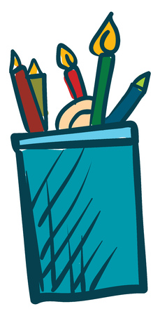 Painting of a blue-colored pencil case holding some sharpened and blunt color pencils vector color drawing or illustrationのイラスト素材