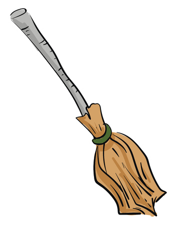 A cartoon witch broom brown in color has a green metal coil that ties the head and shaft of the broom together vector color drawing or illustrationのイラスト素材