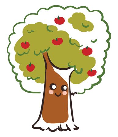 A cute happy apple tree with a lot apples in it vector color drawing or illustrationのイラスト素材