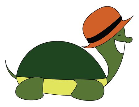 A cool turtle with a large orange hat and a smiling face vector color drawing or illustrationのイラスト素材