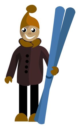 Clipart of a boy in his winter clothes holding each of a pair of long skis in his hand is laughing while standing  vector  color drawing or illustrationのイラスト素材