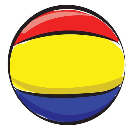A colorful and large inflatable ball with the colors yellow  red and blue  is waiting to be picked by some children for playing games on the beach  vector  color drawing or illustrationのイラスト素材