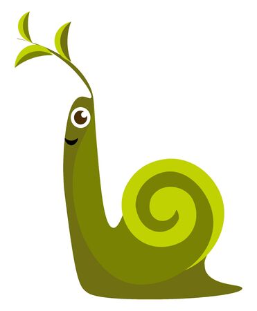 A small cute snail in green color with leaves on its head vector color drawing or illustrationのイラスト素材