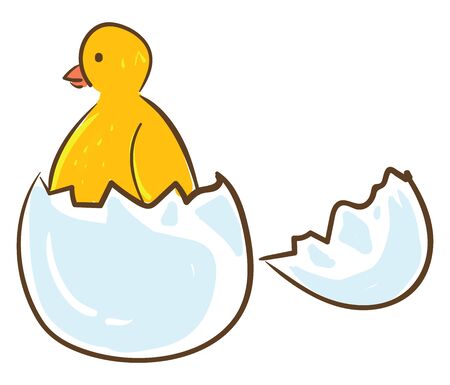 A cute little yellow baby bird breaking the shell and hatching out of an egg vector color drawing or illustrationのイラスト素材