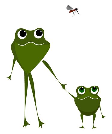 Mommy and child green frogs walking holding their hands and a mosquito flies above them set isolated on white background  vector  color drawing or illustrationのイラスト素材
