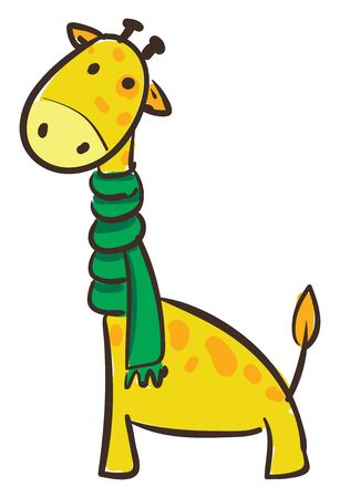 Cartoon yellow-colored giraffe in a green scarf tied around its long neck has a short tail  two horns  and forelegs and a coat with brown patches  vector  color drawing or illustrationのイラスト素材