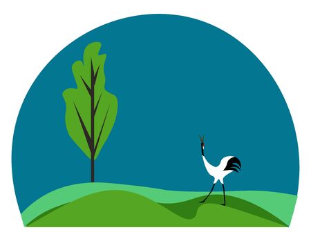 A Japanese crane white bird with a dark bill  black crown and tufted rump feathers toward the end of the body  walks in a green grassland with a tree  vector  color drawing or illustrationのイラスト素材