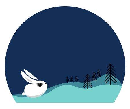 A white-colored hare stares into the sky over a blue background covered with snow and trees  vector  color drawing or illustrationのイラスト素材