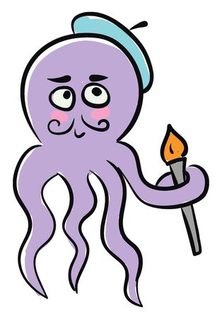 Funny-looking purple-colored octopus emoji disguised as an artist  mustache  a blue cap and one of the trailing tentacles holding a painting brush  vector  color drawing or illustrationのイラスト素材