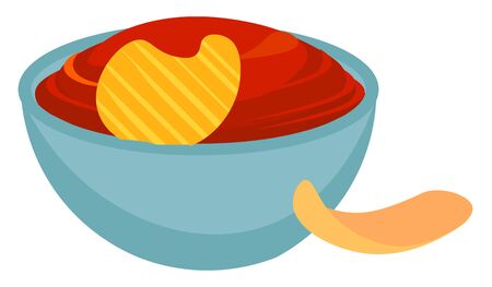 A giant blue bowl furnished with a brown handle is filled with sauce and garnished with a single potato chip  vector  color drawing or illustrationのイラスト素材