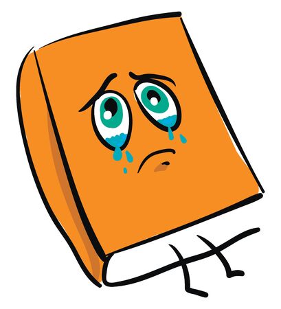 Emoji of an orange book with eyes  legs  and mouth  is shedding tears while lying on the floor  vector  color drawing or illustrationのイラスト素材