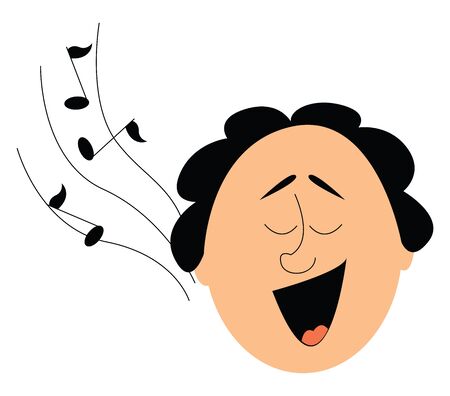 Portrait of the face a funny-looking man with his mouth wide opened and musical notes drifting through the air as he sings  vector  color drawing or illustrationのイラスト素材