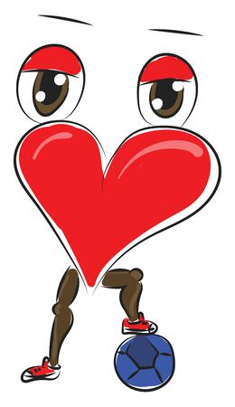 A heart with eyes and legs has placed his foot on a blue football looks cute  vector  color drawing or illustrationのイラスト素材