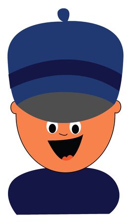Cartoon boy in a blue costume and a big blue-colored hat  eyes rolled down  and tongue stuck out looks happy while laughing  vector  color drawing or illustrationのイラスト素材