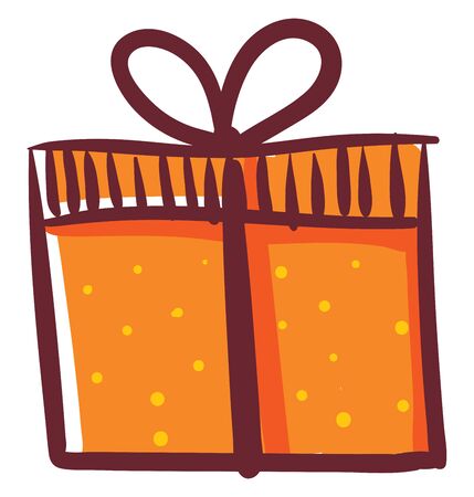 Drawing of a square gift box wrapped with orange decorative paper tied with a brown ribbon and topped with a decorative bow  vector  color drawing or illustrationのイラスト素材