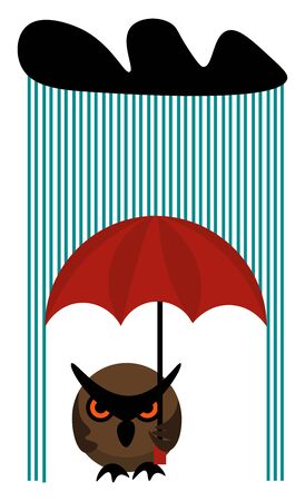 Clipart of a brown owl holding a red-colored umbrella on a rainy day looks beautiful  vector  color drawing or illustrationのイラスト素材