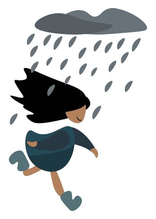 Clipart of a small girl dressed in a blue-colored frock with the design running in her loose black hair to get out of the rain  vector  color drawing or illustrationのイラスト素材