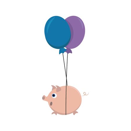 Cute cartoon picture of a fat pink pig tied to the strings of two balloons in blue and purple color  vector  color drawing or illustrationのイラスト素材