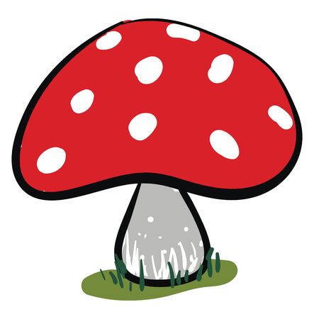 Clipart of a mushroom with white spherical spheres on the red cap and grey stem grown above the green grasslands  vector  color drawing or illustrationのイラスト素材