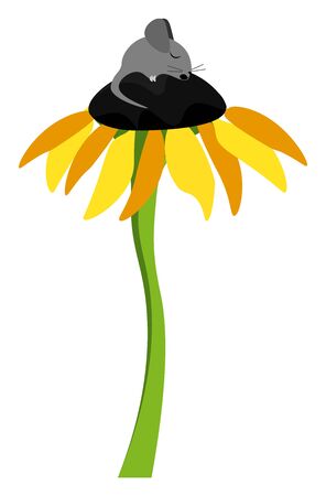Clipart of a cute little black mouse sleeping on the floral disc of a tall sunflower plant with a long slender green stalk  vector  color drawing or illustrationのイラスト素材