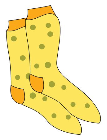 Clipart of a showcase yellow-colored pair of socks with pretty eye-catching green polka designs and  cuff and heel turn in orange color  vector  color drawing or illustrationのイラスト素材