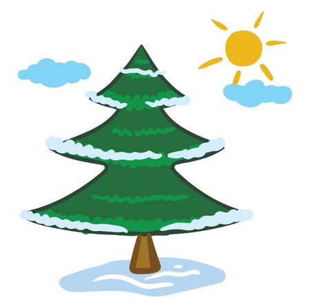 Clipart of a widespread coniferous green tree with a distinctive conical shape and hanging cones  reach high up the sky with few clouds and a rising sun  vector  color drawing or illustrationのイラスト素材