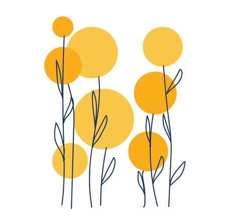 Line art of few yellow-colored flowers in the shape of balls along with slender  long stalks has oval-shaped leaves  vector  color drawing or illustrationのイラスト素材