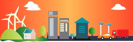 City landscape with windmills in the background illustration vector on white backgroundのイラスト素材