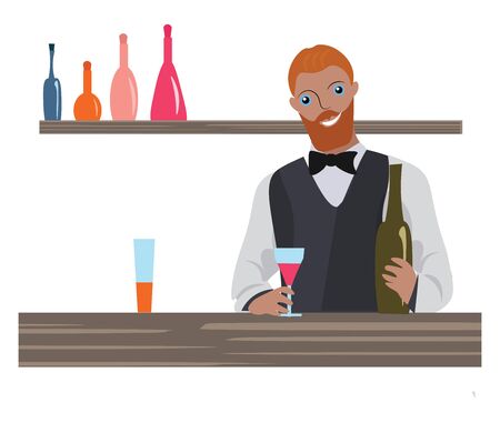 A bartender with a bottle of wine in his hand ready to serve , vector, color drawing or illustration.のイラスト素材