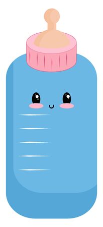 Small cute baby bottle in blue colour with pink lid on it , vector, color drawing or illustration.のイラスト素材