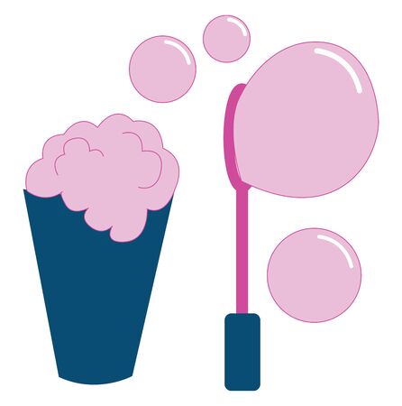 A pink bubble toy with a blue cup full of lather solution, vector, color drawing or illustration.のイラスト素材