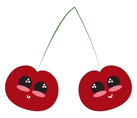 A pair of cherries in bright red colour which is smiling , vector, color drawing or illustration.のイラスト素材