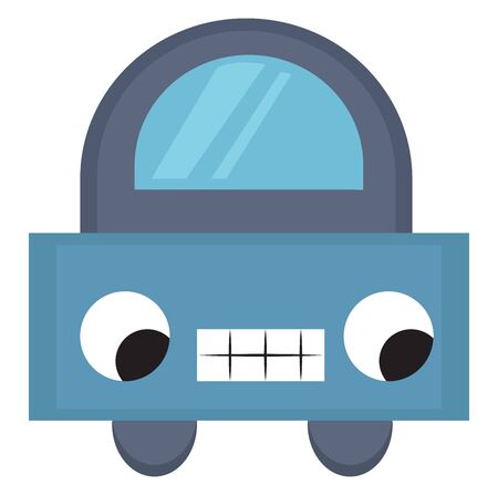 Cartoon picture of a cute car-robot has two eyes rolled bottom-left, and mesh-like teeth look adorable over white background viewed from the front, vector, color drawing or illustration.のイラスト素材